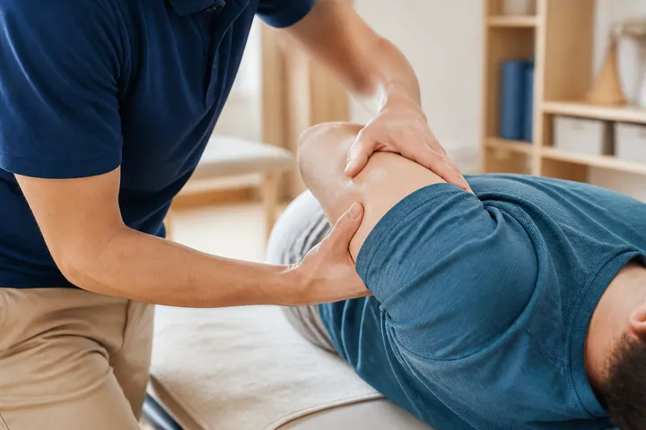 Manuelle therapeutische Behandlung an Schulter und Arm eines liegenden Patienten