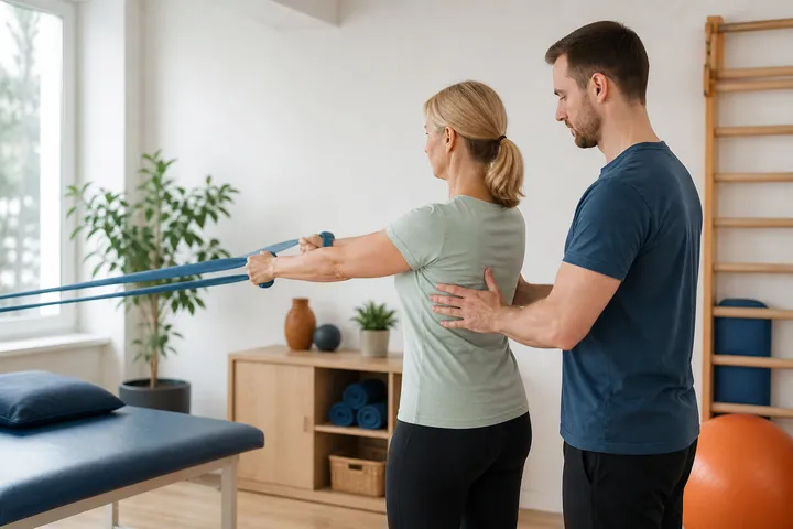 Therapeutisch angeleitete Übung mit einem Widerstandsband in einem hellen Behandlungsraum